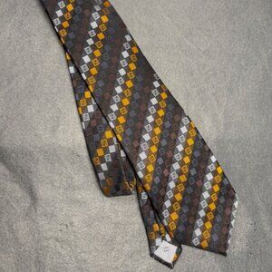 Fendi Men’s Silk Tie Geometric Square Pattern Brown Gray Gold 100% Silk Handmade